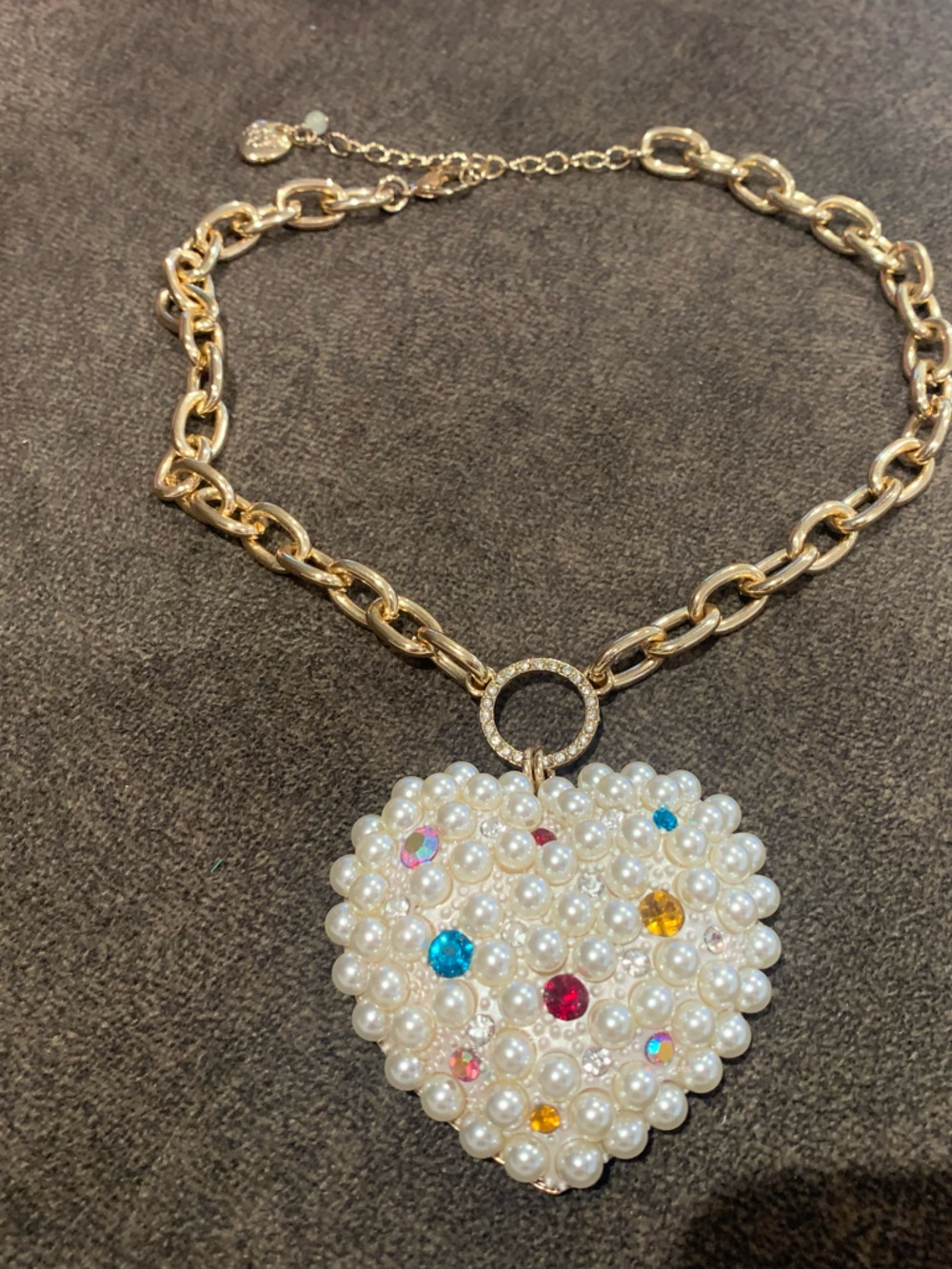 Gold Chain Necklace with Pearl & Multicolor Gem Heart Pendant